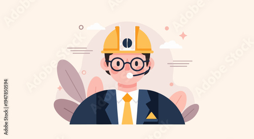 Stylized depiction of a professional wearing a hard hat, glasses, and headset