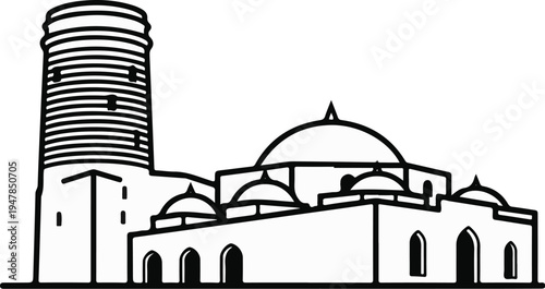 Stylized drawing of a tower and domed buildings