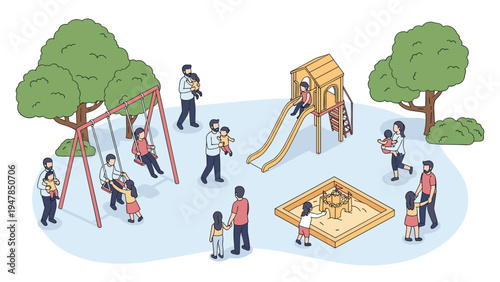 Vibrant isometric playground scene featuring children playing on swings, slide, and in sandbox while parents supervise in leafy green park.