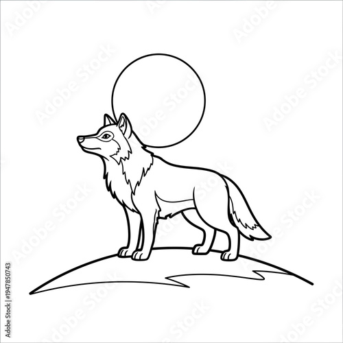 A wolf standing on a hill looking up at the moon