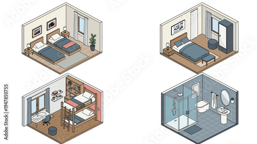 Detailed isometric interior design set showing modern hotel bedroom layouts with twin beds, double bed, bunk beds, and contemporary bathroom.