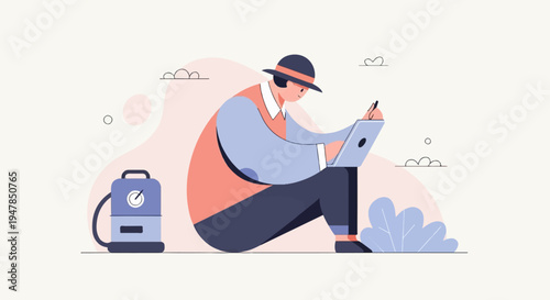 Stylized flat illustration of a person with a hat working on a laptop