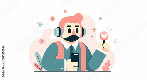 Stylized person wearing headphones, holding phone and heart icon lollipop