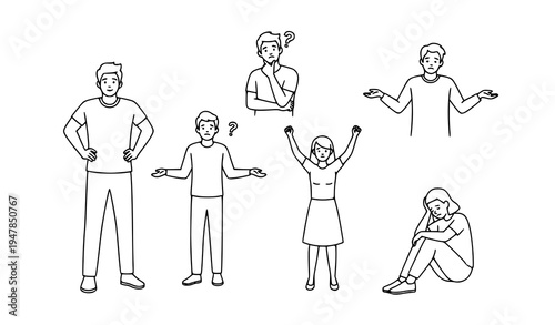 Human body language poses outline vector set showing thinking confused confident and tired gestures