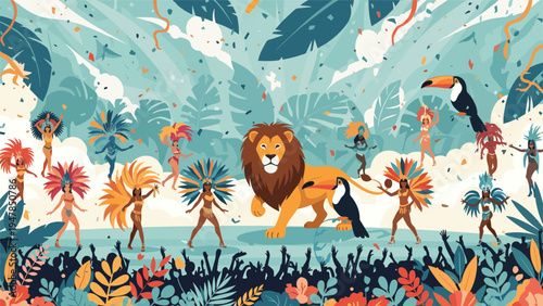 Festive carnival parade illustration featuring colorful dancers in feather costumes, majestic lion, and tropical toucans against jungle background.