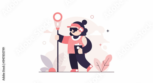 Stylized female figure with walking stick and tablet, outdoors, soft colors
