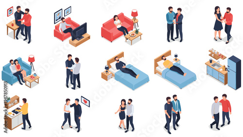 Diverse collection of isometric scenes featuring same-sex male couples sharing domestic life, relaxing, cooking, and bonding in various home environments.