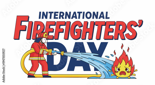 Firefighter in action with hose on International Firefighters Day in bold colorful illustration for emergency services