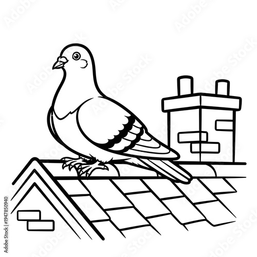 A pigeon perched on a roof next to a chimney