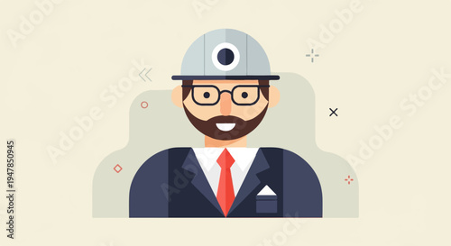 Stylized flat illustration of a professional wearing a hard hat and glasses