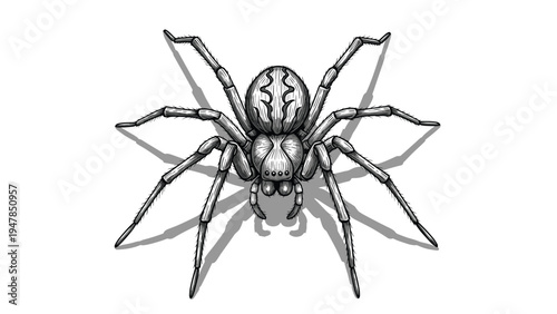 Intricate hand-drawn spider illustration with detailed texture and anatomical accuracy isolated on a clean white background.
