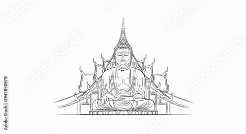Stylized line art sketch of a meditating figure with intricate architectural backdrop