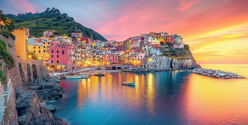Fototapeta premium colorful cliffside coastal village with lit harbor and small boats at a tranquil sunset
