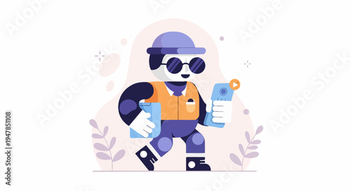 Stylized figure in a vest and cap walks with phone and tablet