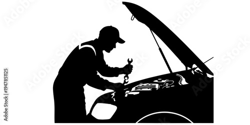 Professional graphic silhouette of a car mechanic working on an open hood engine for vehicle repair service