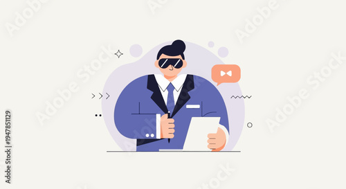 Stylized man in suit with sunglasses signs document with pen, bow tie bubble