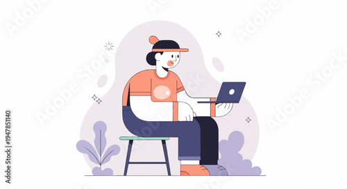 Stylized person in casual attire works on a laptop on a stool
