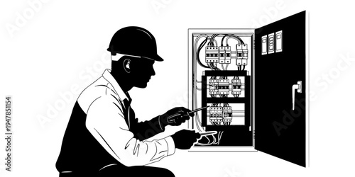 A graphic illustration depicting a professional electrician in a hard hat maintaining an electrical panel, emphasizing focus and technical work.