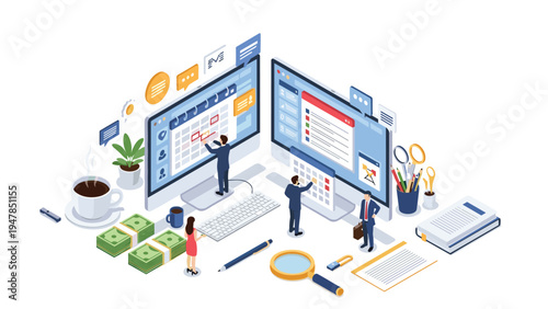 Comprehensive isometric workspace illustration showing business planning, financial management, calendar scheduling, and diverse team members working together.
