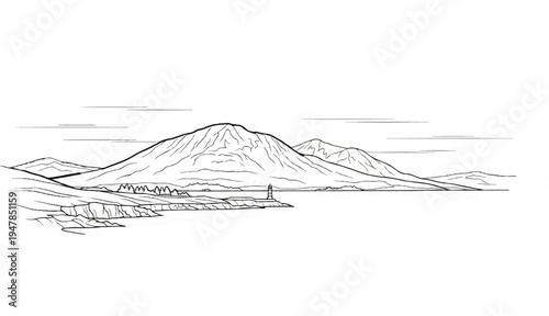 Stylized line drawing of a coastal landscape with mountains and a lighthouse