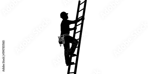 Minimalist Energetic illustration of a construction worker climbing a ladder symbolizing career progress and ambition
