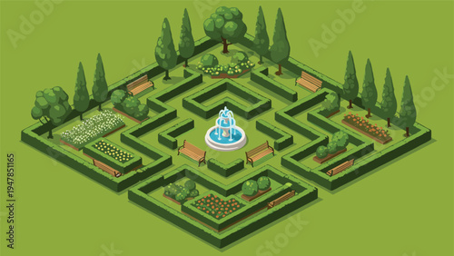 Beautiful isometric formal garden featuring intricate hedge maze, central water fountain, benches, flower beds, and tall cypress trees.