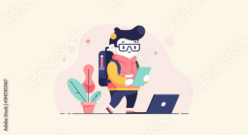 Stylized person with backpack and tablet walks past potted plant and laptop