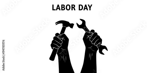 A minimalist graphic illustration with a celebratory and inspiring mood depicting two black silhouette hands holding a hammer and wrench for Labor Day.
