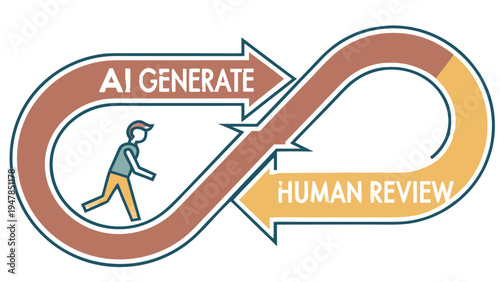 AI and Human Collaboration Infinity Loop Process Diagram, A detailed diagram illustrating a hybrid workflow between Artificial Intelligence and human review, using a large infinity loop symbol. 