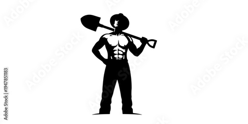 Confident strong stylized graphic illustration of a muscular laborer holding a shovel a symbol of hard work and physical prowess