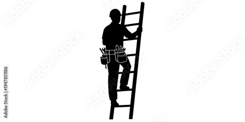 Minimalist professional illustration showing a silhouette of a tradesperson or construction worker climbing a ladder symbolizing hard work and career progression.