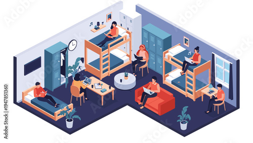 Busy isometric hostel room showing diverse students studying, relaxing, and using bunk beds in a shared living space.