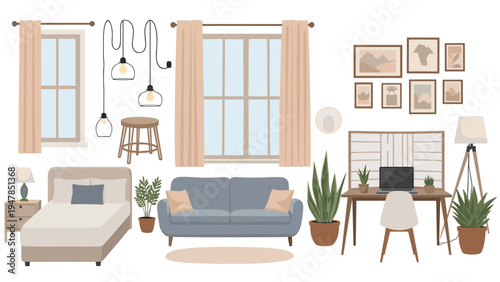 Stylish collection of modern interior furniture and decor elements including sofa, bed, desk, plants, lamps, and wall art for home design.