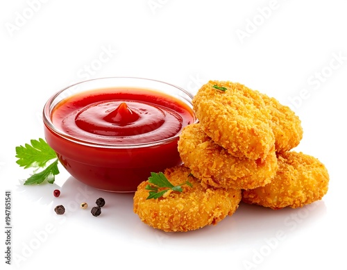 Golden chicken nuggets piled next to a clear bowl of bright red ketchup with parsley and peppercorns on white