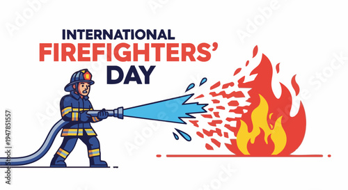 Firefighter in action spraying water on flames in cartoon style with bold colors and dynamic movement for International Firefighters Day
