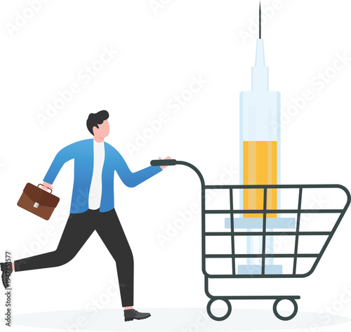 Businessman Pushing a Shopping Cart with a Large Medical Syringe for Healthcare Supply