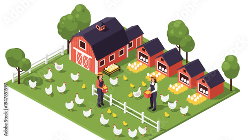 Poultry farm workers feed chickens and collect fresh eggs in an isometric outdoor setting with a red barn and coops.