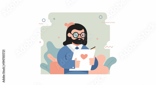 Stylized person with beard and glasses draws a heart on paper
