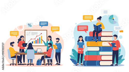 People collaborate on business strategies during a meeting and students study by sitting atop a giant stack of colorful books.