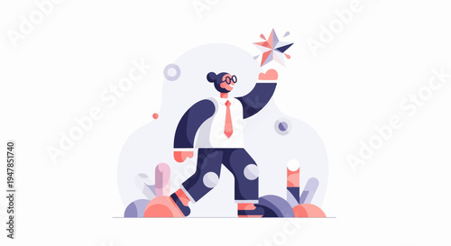 Stylized figure in formal wear walks forward holding a star aloft