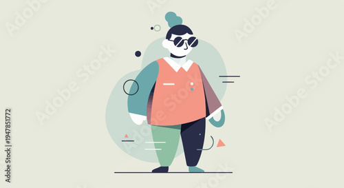 Stylized geometric illustration of a person with sunglasses, wearing a colorful shirt