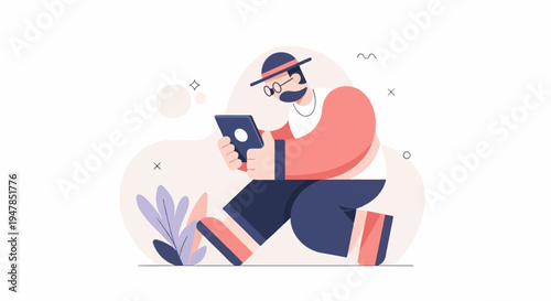 Stylized man wearing a hat and glasses uses a tablet while seated amidst abstract shapes and foliage