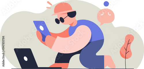 Stylized figure in hat & glasses on knees, using tablet & laptop, with tree