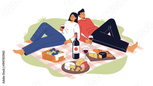 Happy couple enjoys a romantic outdoor picnic with wine, cheese, and fruit on a plaid blanket spread across the green grass.