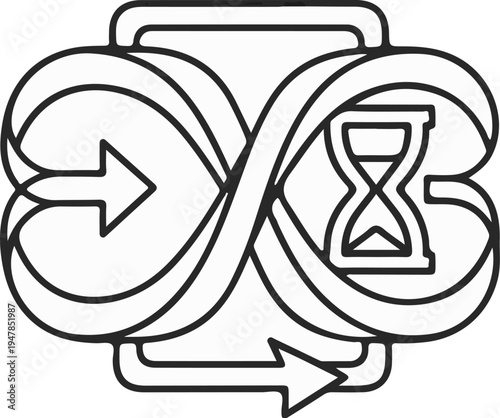 Stylized hourglass and arrows forming an infinity loop, symbolizing time