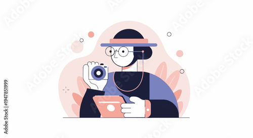 Stylized person with camera and tablet, wearing a hat and glasses