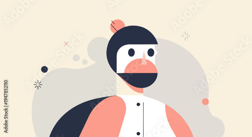 Stylized geometric portrait of a character with dark blue headwear and beard