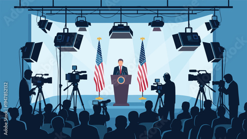 Political leader delivers a speech at a press conference with American flags behind him and journalists filming the event.