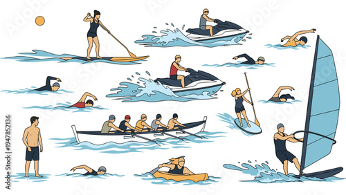 Large collection of diverse individuals participating in various water sports like swimming, surfing, rowing, and jet skiing.