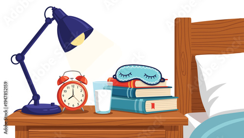 Nightstand next to a comfortable bed holds an alarm clock, lamp, glass of milk, stack of books, and a blue sleep mask.